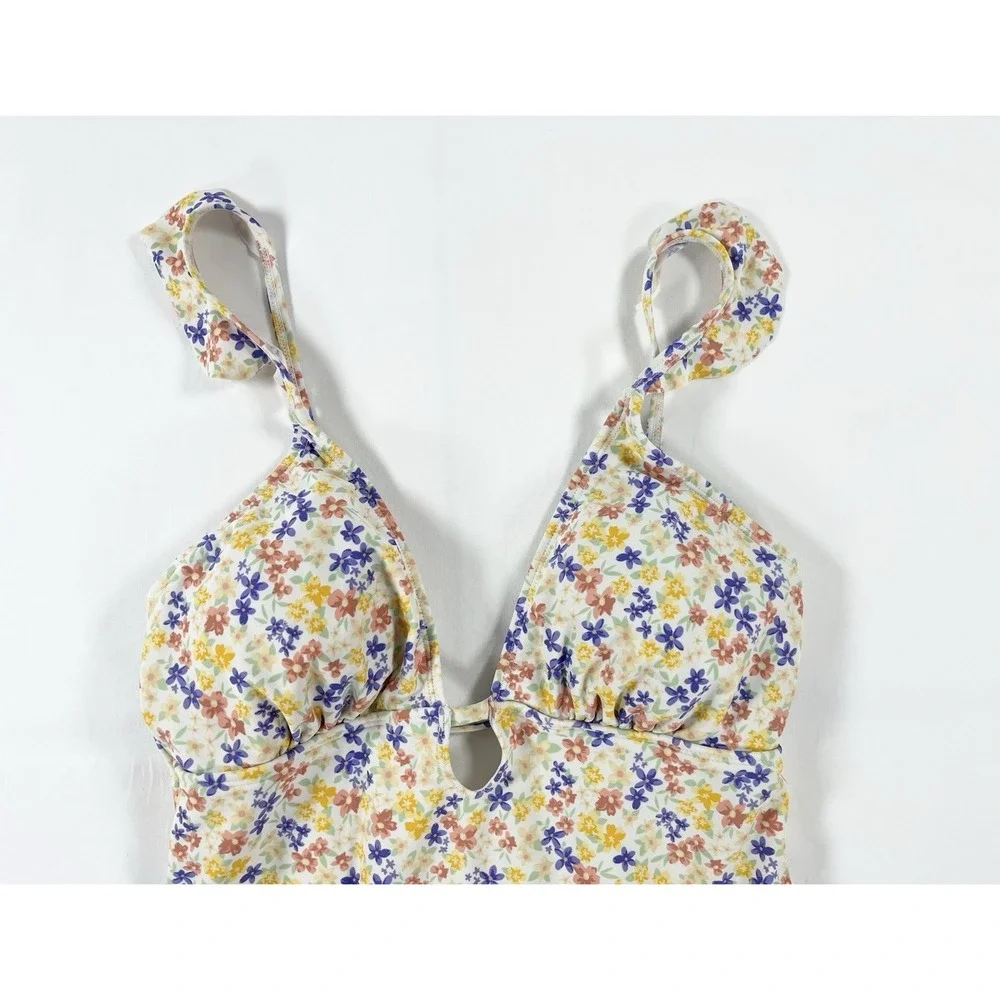 Shade & Shore Ruffle Plunge One Piece Swimsuit Ditsy Floral Cottage Womens M‎